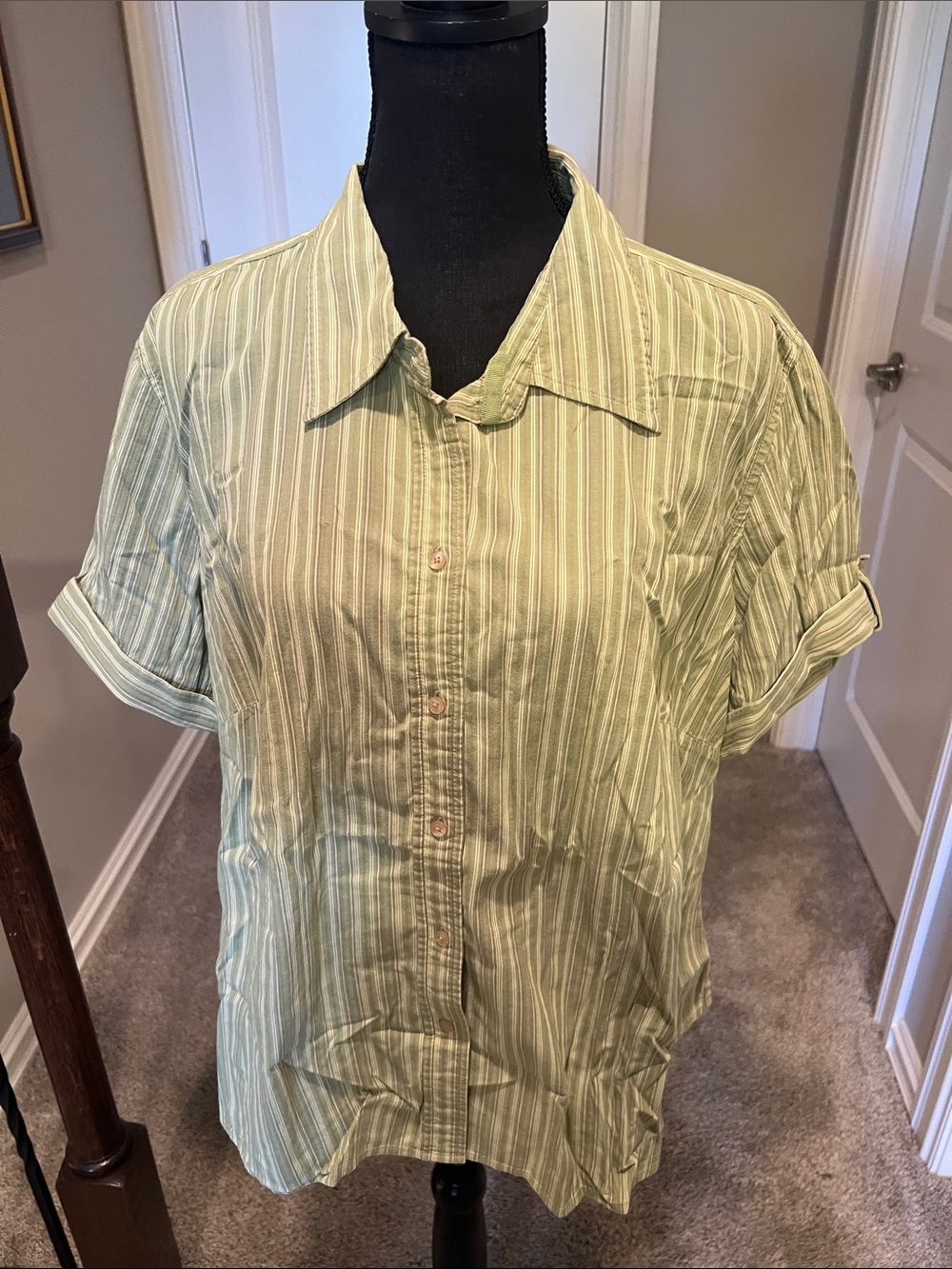 St. John's Bay Pale Green Striped Short-Sleeve Button-Down Shirt